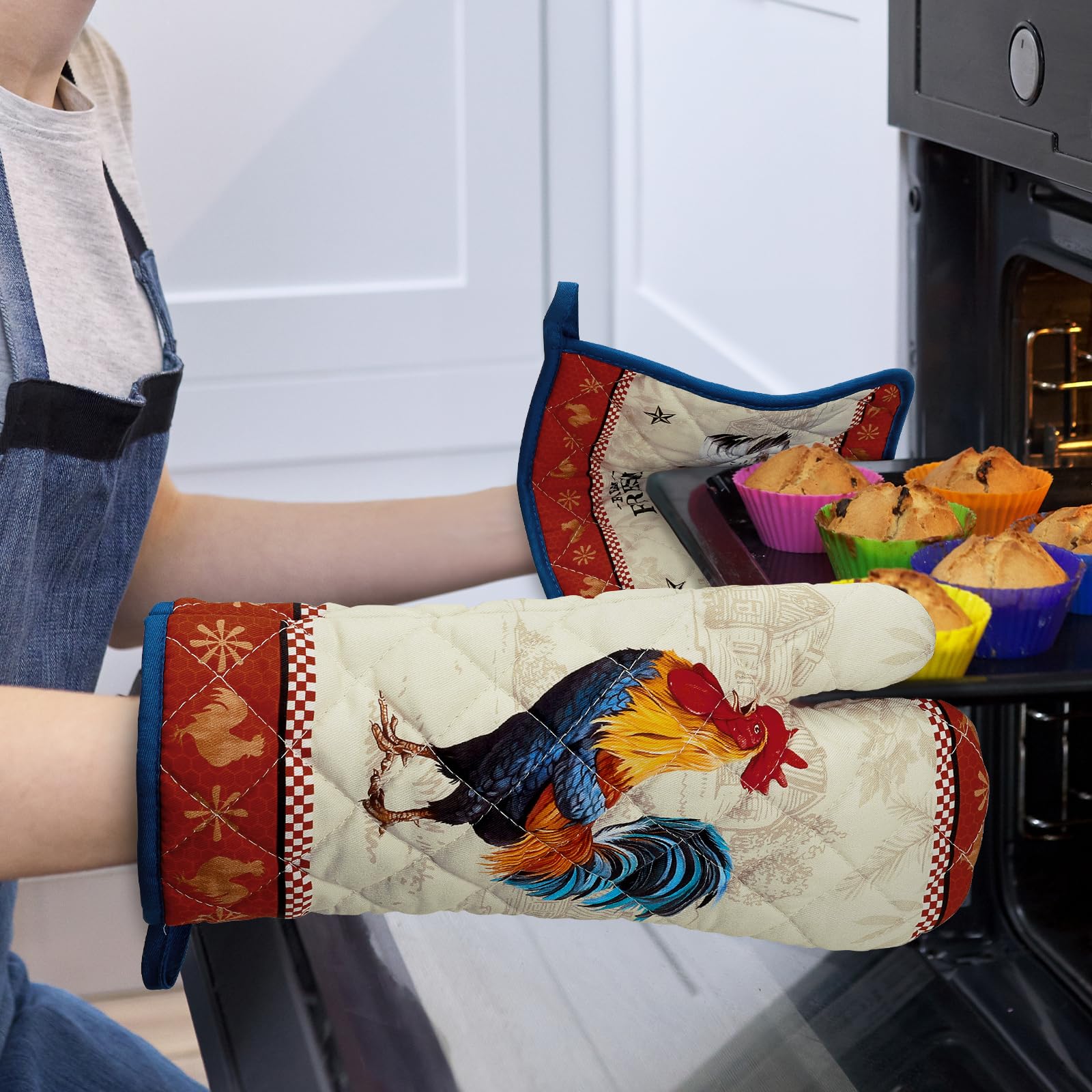 Rooster Rękawice kuchenne i uchwyty na garnki, 100% bawełna, odporne na wysokie temperatury, bardzo długie rękawice kuchenne i podkładki do gotowania, grilla, pieczenia, prezent, zestaw 4 szt
