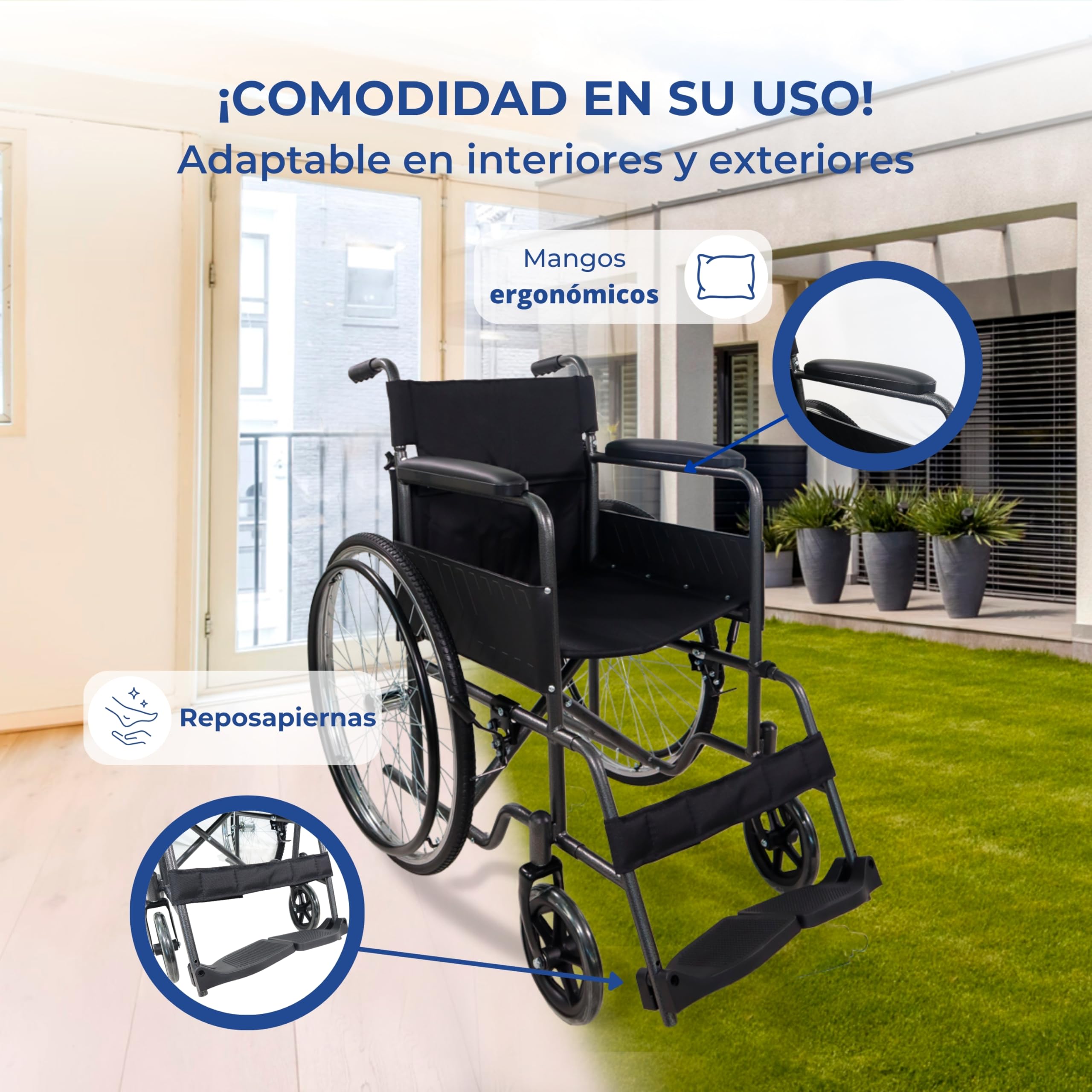 Mobiclinic®, Silla de Ruedas, Plegable, Denver, Asiento 46 cm, Freno Manual, Respaldo Desmontable, Reposapiés Abatibles, Resistente, Ligera, Acero (Gris)