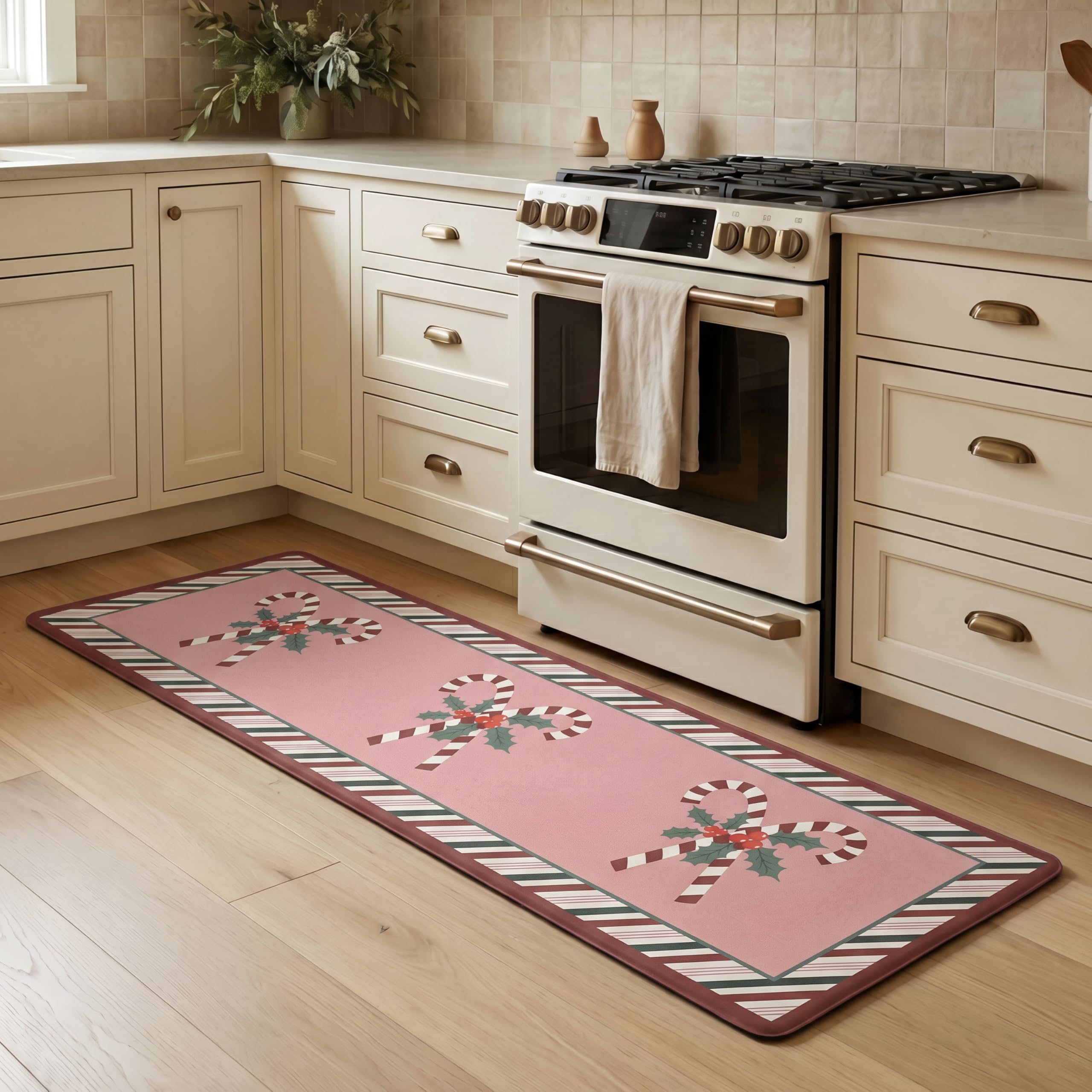 Laura Ashley Candy Cane Peppermint Border Anti Fatigue Kitchen Mat, Non Slip Cushioned Comfort Floor Mat, 17.5"x60", Pink