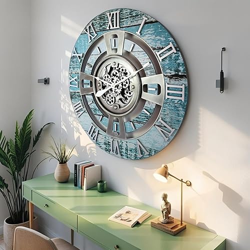 Miniatura 5 de ImprovingLife The Gears Reloj de pared con engranaje móvil real de la línea Inglaterra (verde aguamarina, 24 pulgadas (23.6 in)