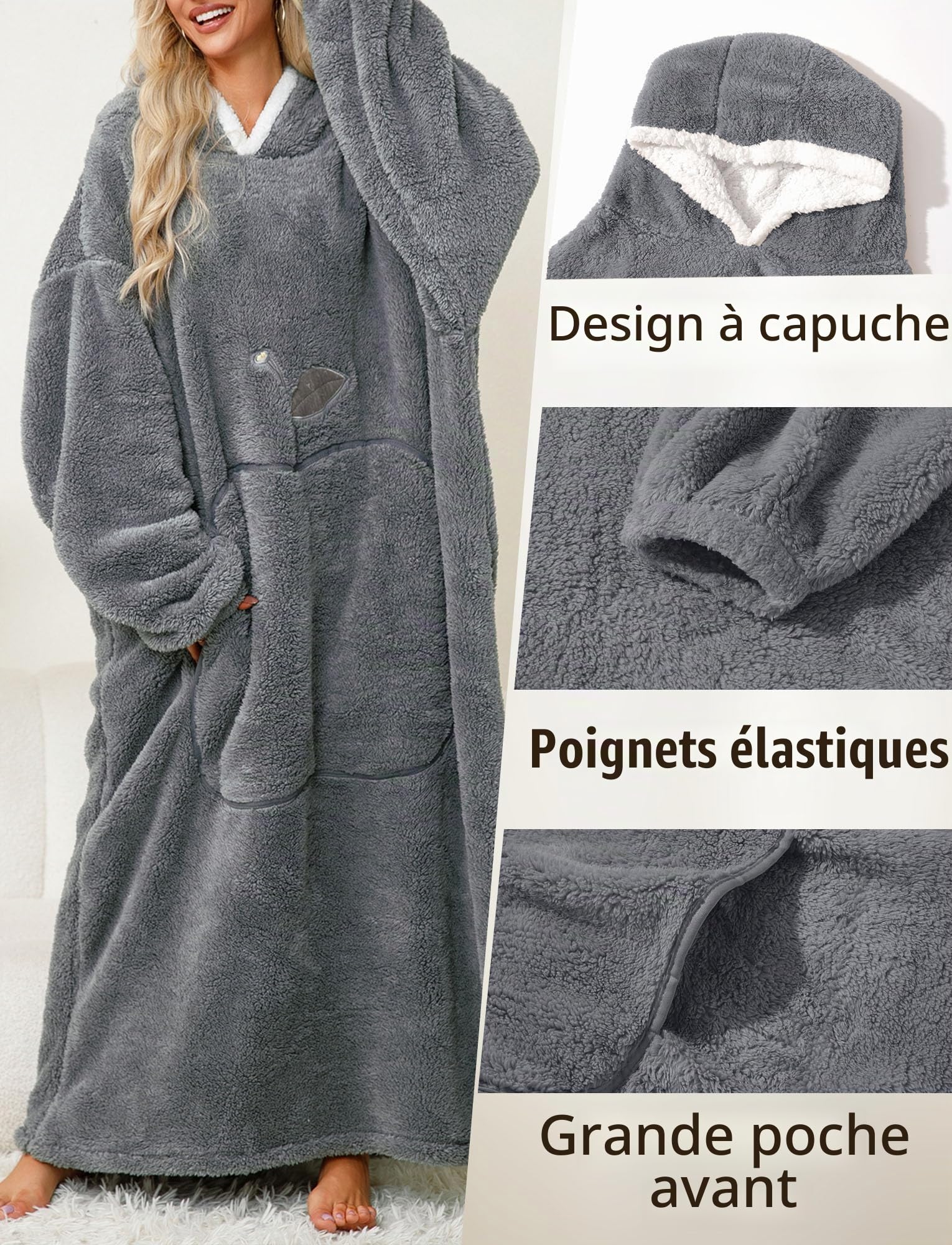 Extra Long Sweat à Capuche Femme Doux et Chaud Couverture avec Capuche en Peluche Wearable Blanket Hoodie Oversize