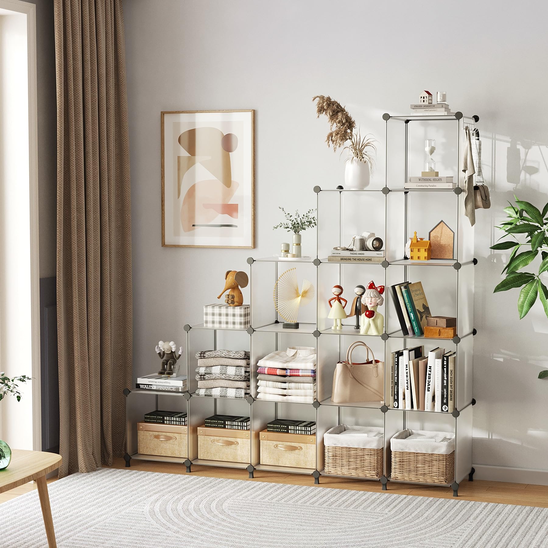 AWTATOS Cubo organizador de almacenamiento modular de 16 cubos, estantería de plástico DIY para armario, estantes de almacenamiento con mazo de madera, solución ideal de almacenamiento para el hogar,