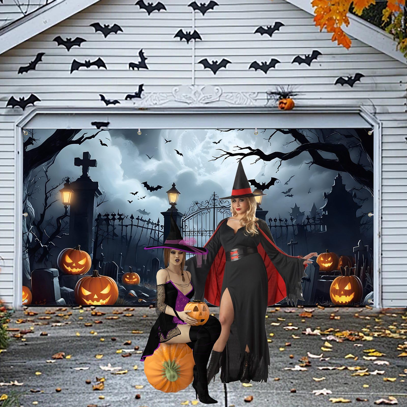 XhuangTech Baner na drzwi garażowe na Halloween, motyw horroru z 10 przelotkami, poliester 100D, straszna dynia, straszna wisząca dekoracja imprezowa (15 x 40 m Jack-O-latarnia z rzeźbionym)