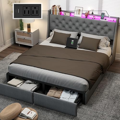 Miniatura 9 de Base de cama tamaño Queen con estación de carga y cabecero, cama tapizada con botones incrustados de plataforma tamaño Queen con 2 cajones de