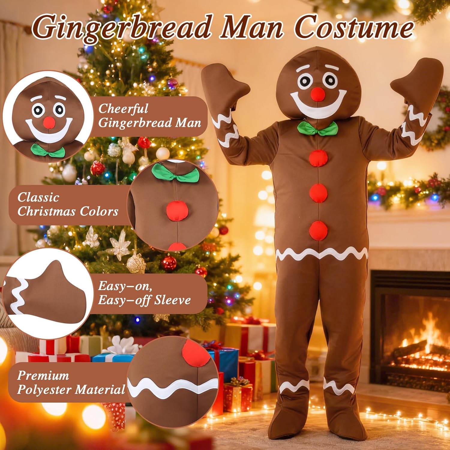 ADOMI 2 Pcs Christmas Gingerbread Man Costume Jumpsuit for Adults Men’s Xmas Cookie Outfit Onesie Holiday Cosplay Party - Image 4