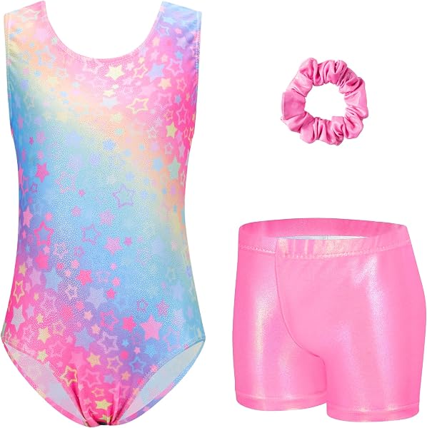 Arshiner Body da ginnastica da bambina, senza maniche, 3 pezzi, con stampa, body da ginnastica per bambini, body da allenamento scintillante, set da danza, 3-10 anni - 1