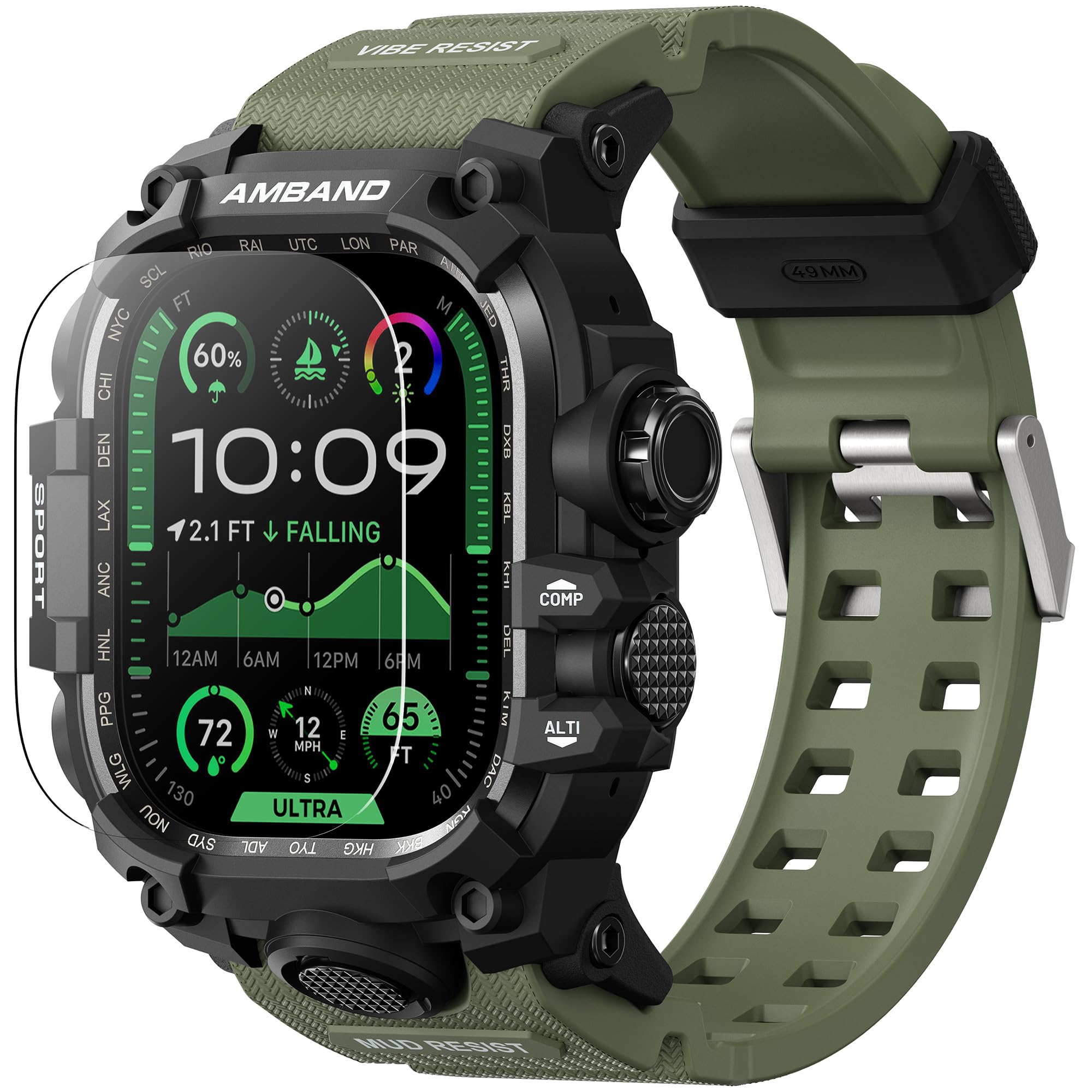 Rugged Case with Band for Apple Watch Ultra 3/2/1 49mm, M3 Military Grade Shockproof Cover, Includes Screen Protector Kit, Tactical Band for Men - Compatible with iWatch Ultra, Army Green