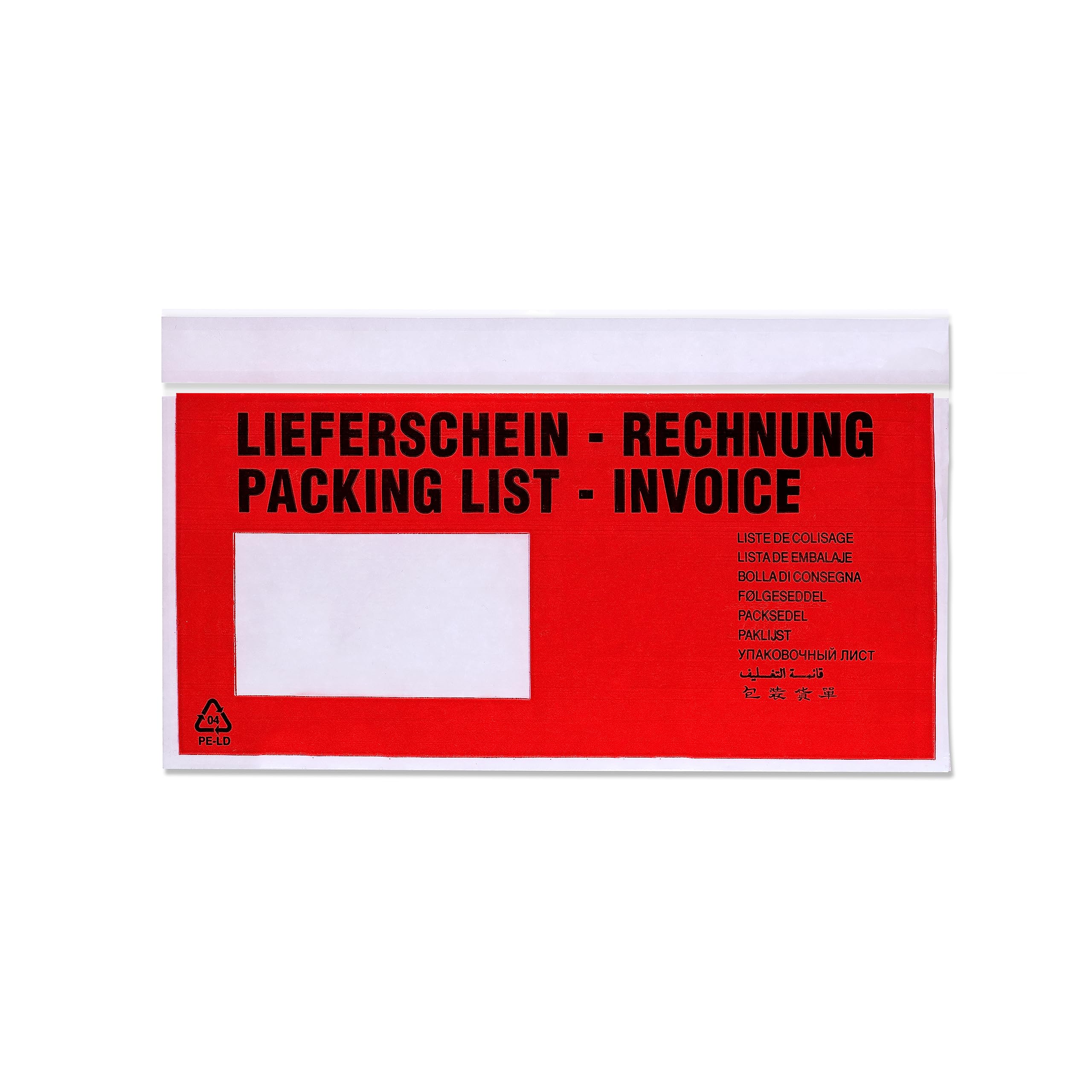 Lieferscheintaschen DIN Lang dicke Qualität Begleitpapiertaschen UNIPACK-premium rot/klar 722182, 500 Stück