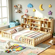 Einhomn Full Montessori Floor Bed Frame with Bookcase, Storage Shelves & Guardrail, Solid Wood Bed for Kids, Girls, Boys, Easy Assembly, Natural