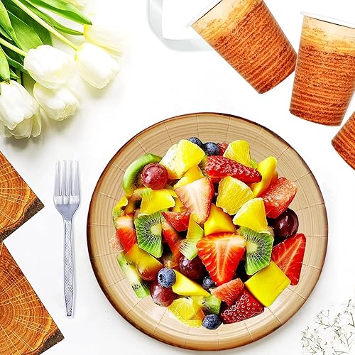 Miniatura 4 de 40 piezas de suministros de fiesta de grano de madera, platos de papel de grano de madera de 7 pulgadas, platos de postre de rebanadas de madera