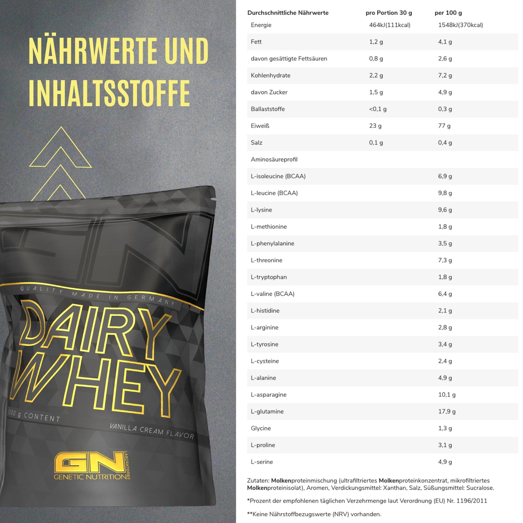 GN Laboratories Whey Protein Pulver – Hochwertiges Molkenprotein für Muskelaufbau & Regeneration – Low Carb & Glutenfrei – Geschmack: (Vanilla Cream) – 1 kg Premium Eiweiß, Made in Germany