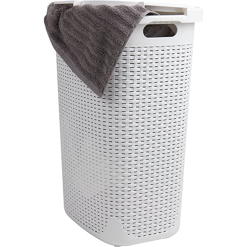 Mind Reader Slim Laundry Hamper with Lid, 60L Clothes Basket, Premium Wicker Design, Plastic, White