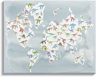 Stupell Industries Watercolor World Map with Dinosaur Reptile Pattern, Designed by Ziwei Li Canvas Wall Art, 20 x 16, Grey