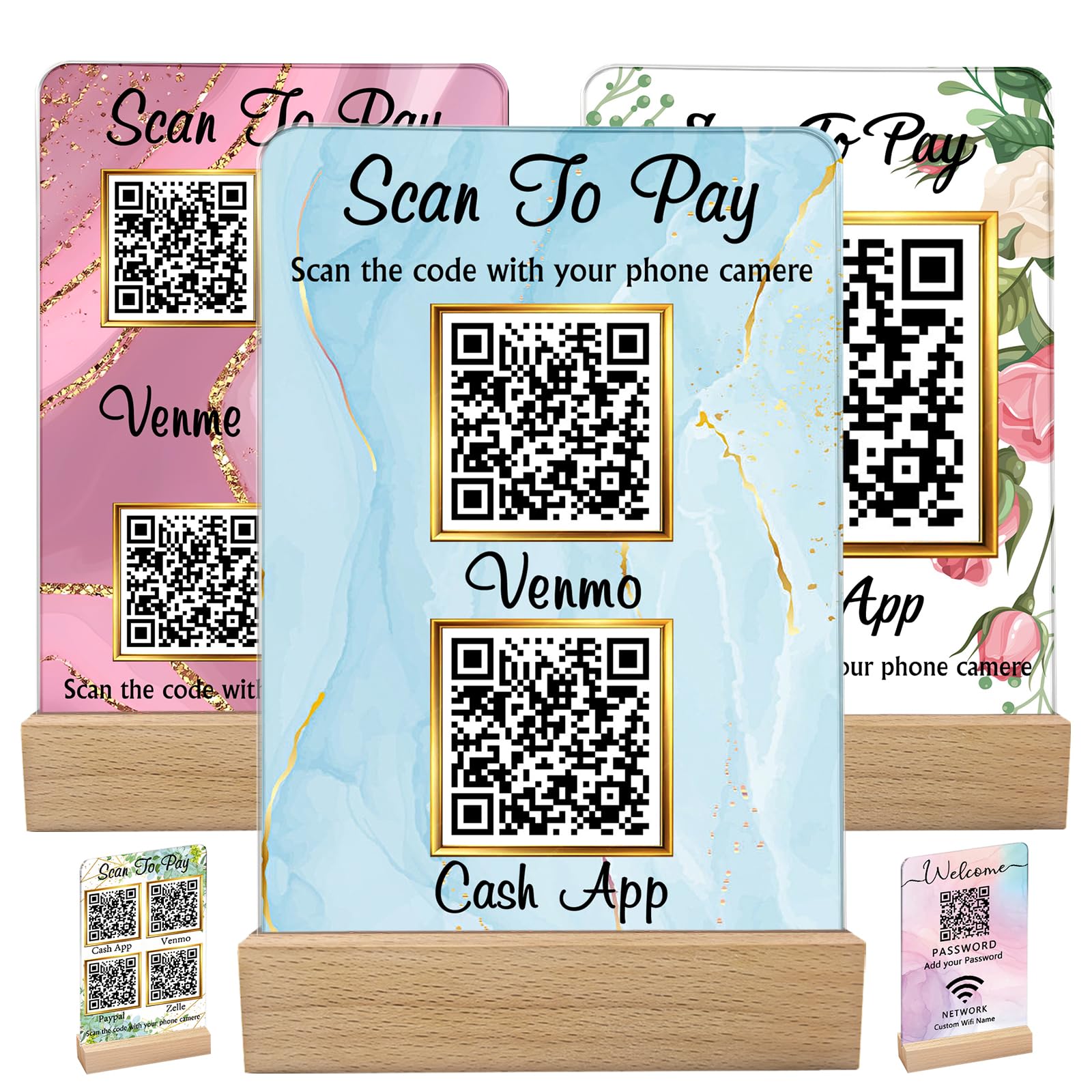 Custom Acrylic Multi QR Code Sign for Business Personalised Venmo Zelle Cashapp Paypal Scan to Pay QR Display Social Media Wifi QR Code Plaque for Salon Beauty Store-Vertical-2QR
