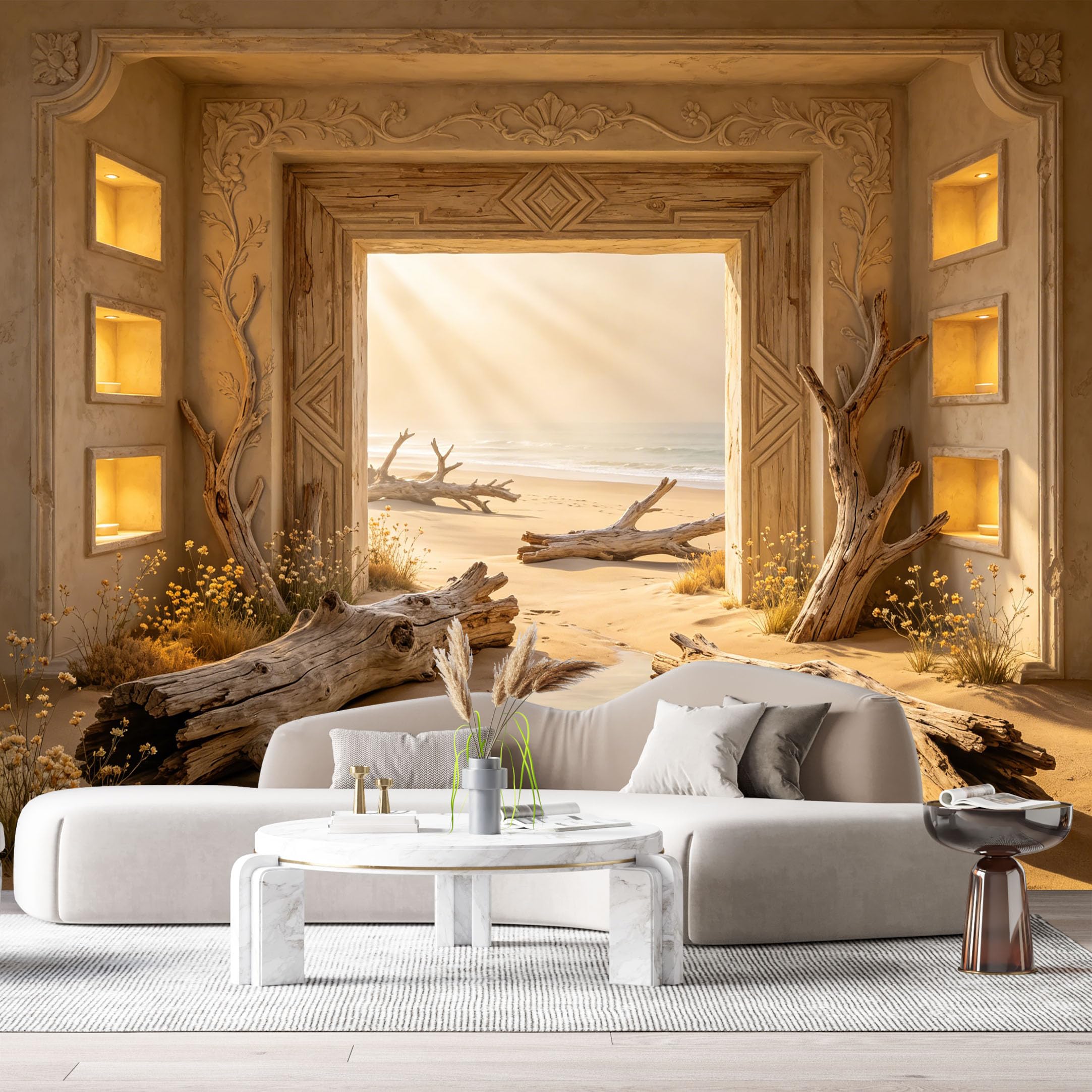 Custom Size Wall Murals Neoclassical Ocean Landscape Driftwood Stone Archway 3D Trompe L'Oeil SelfAdhesiveWall Fabric Removable Wallpaper Wall Decor for Living Room Bedroom Bathroom