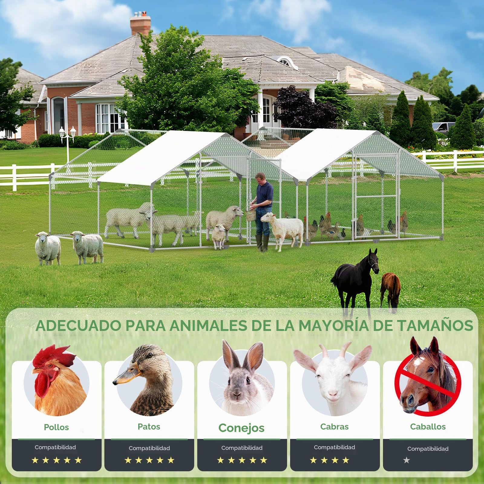 Gallinero para Exterior, Gallineros Grandes de Metal Galvanizado, Jaula para Gallinas con Candado, Gallinero Exterior con Techo de Polietileo pano ra Protección Solar, 4x3x2m