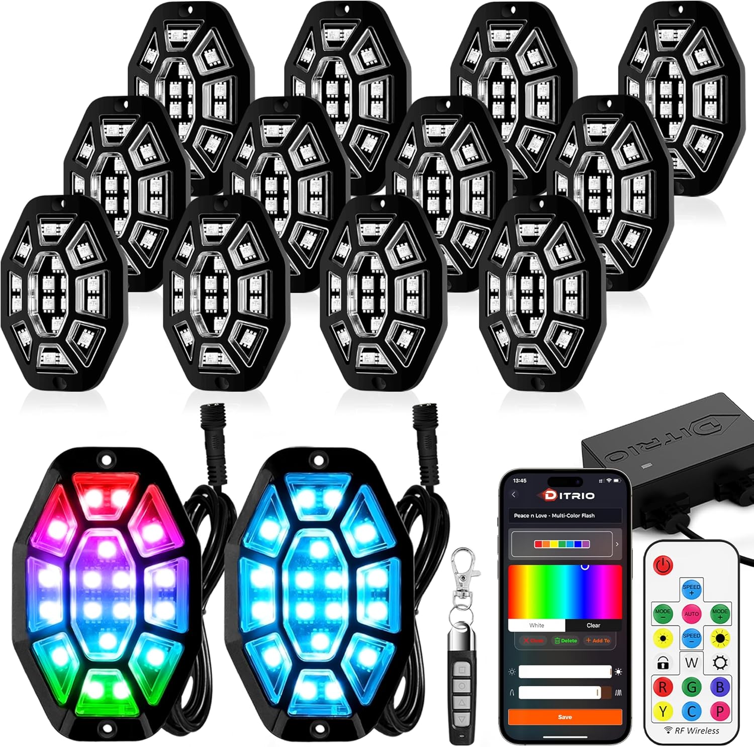 12 Pods 9 Sides RGB Rock Lights, App/2 Remote Control Led Underglow Lights Compatible with 12V Trucks Jeep UTV ATV Golf Cart Off Road, Brake Signal, Waterproof, Music Mode, Plug and Play, Multi-Color