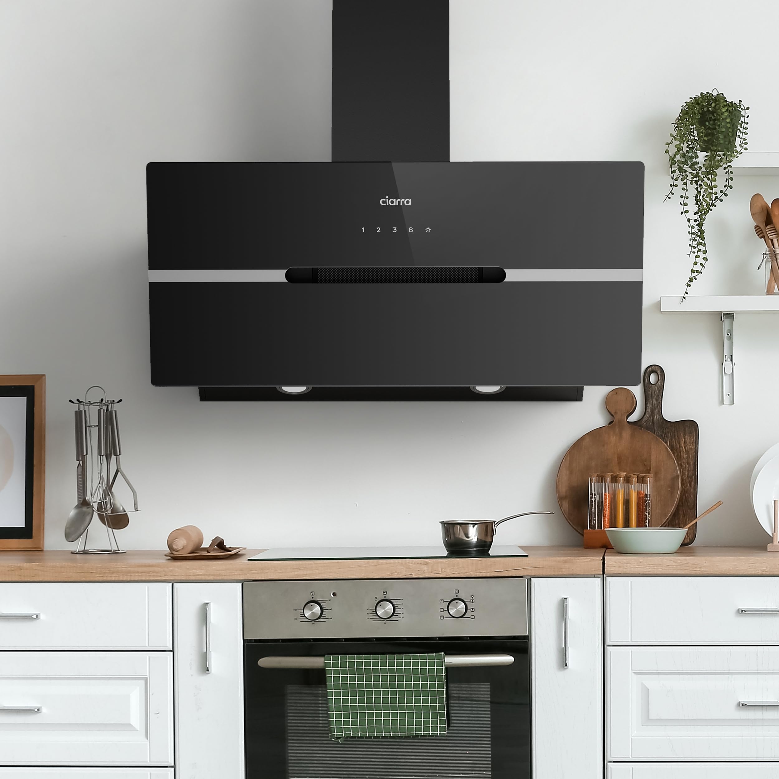 CIARRA CBCB9736F Hotte Aspirante Inclinée 90 cm 650m³/h - Classe A+++ - Filtre à Charbon Inclus - WiFi & Commande Tactile- 3 Vitesses et Fonction Boost - LED Dimmable - Noire