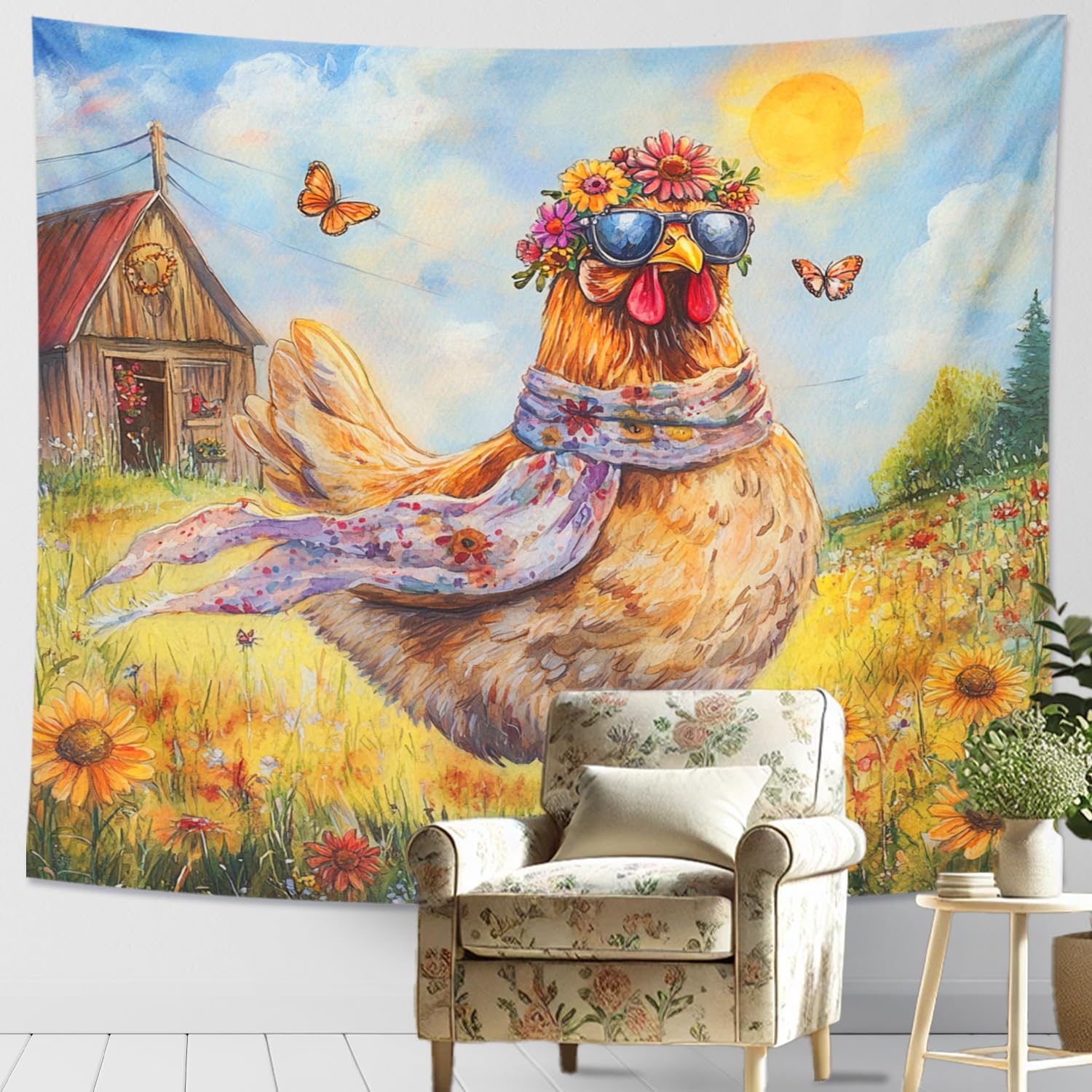 Flower Crown Chicken Tapestry, Vibrant Yellow Farm Animal Wall Hanging, Cute Bohemian Decor for Spring Bedroom, Living Room, Playroom, Fun Tapestry Art 80x60 Inch