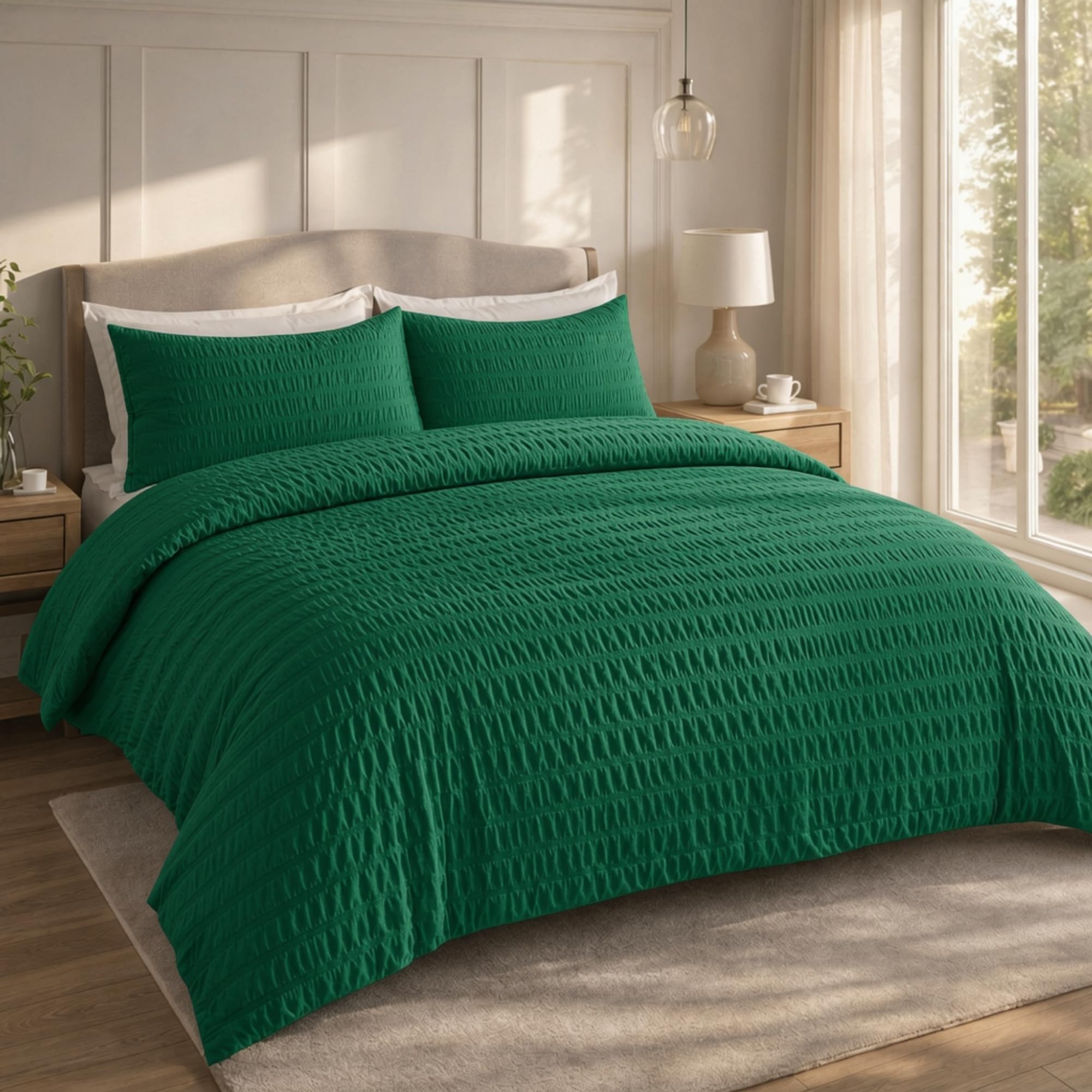 Q & H QUALITY HOUSEHOLD Q&H Bedding Emerald Green Seersucker Duvet Cover Set Single with Pillowcase - Ultra Soft Brushed Microfiber Quilt Cover - Breathable, Textured, Easy Care, Machine Washable