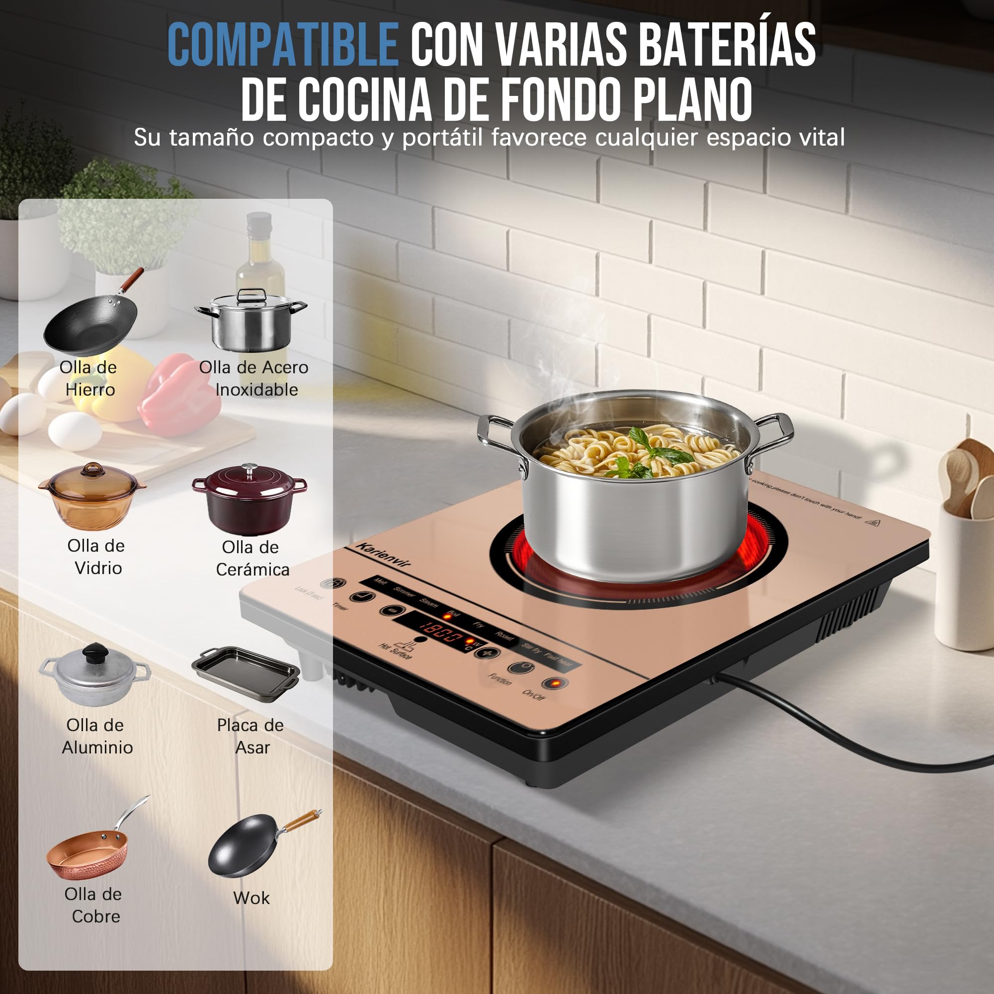 Placa Vitroceramica 1 Fuegos, Placa de Cocción Integrada, 2000W, Naranja | Placa de Cocción Integrada, Vitroceramica Portatil, Indicador de Alta Temperatura, Bloqueo para Niños, 9 Velocidades