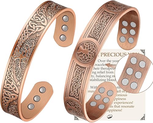 Miniatura 1 de Feraco Pulseras magnéticas de cobre para hombres con imanes curativos, patrón de árbol de la vida, brazalete de terapia de cobre sólido puro 99.99%,