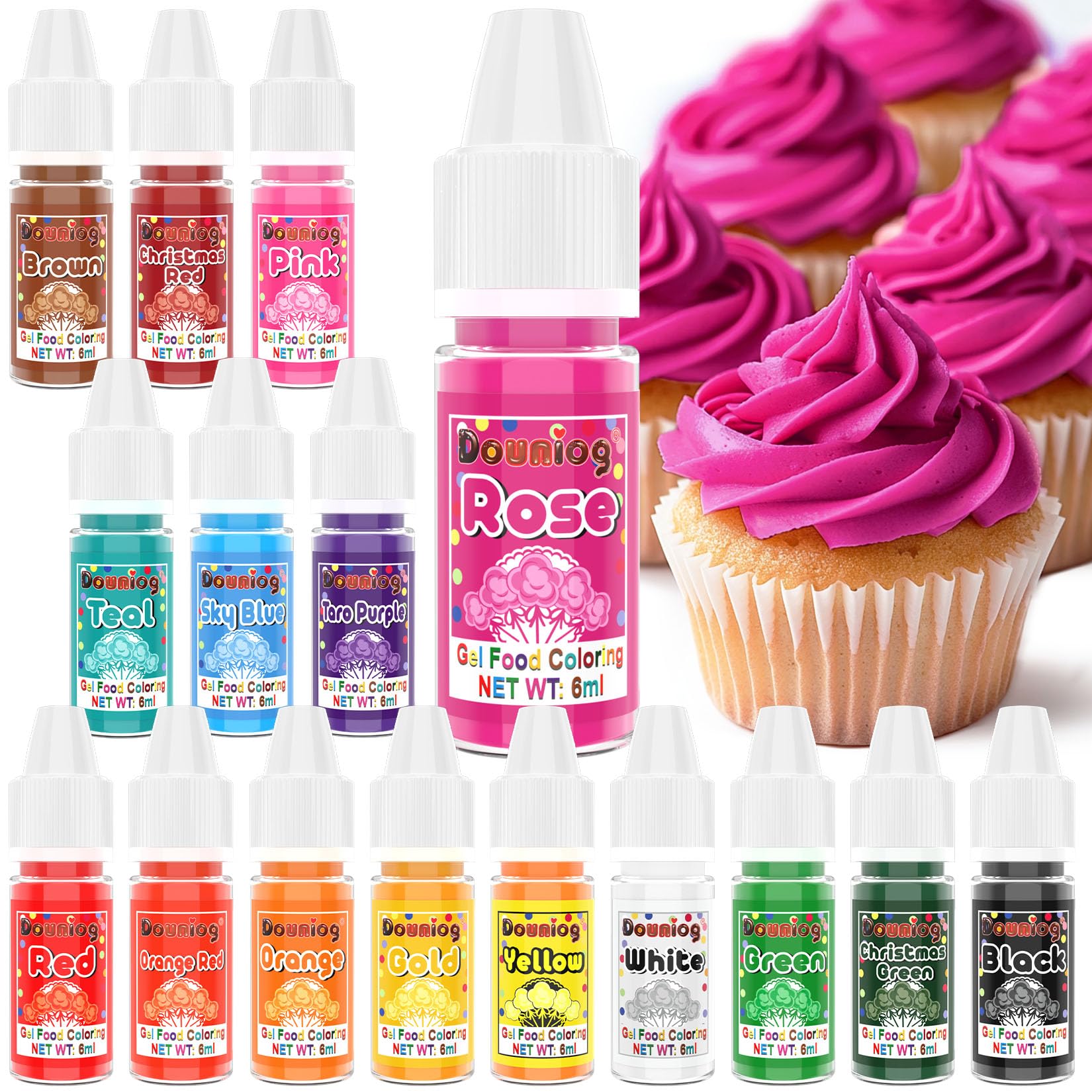 Douniog Gel Food Coloring - 16 Colors Gel Food Coloring for Baking, Neon Food Coloring Set, Concentrated Food Dye for Icing, Cake, Cookie, Easter Eggs, Slime - 6ml/ Bottle
