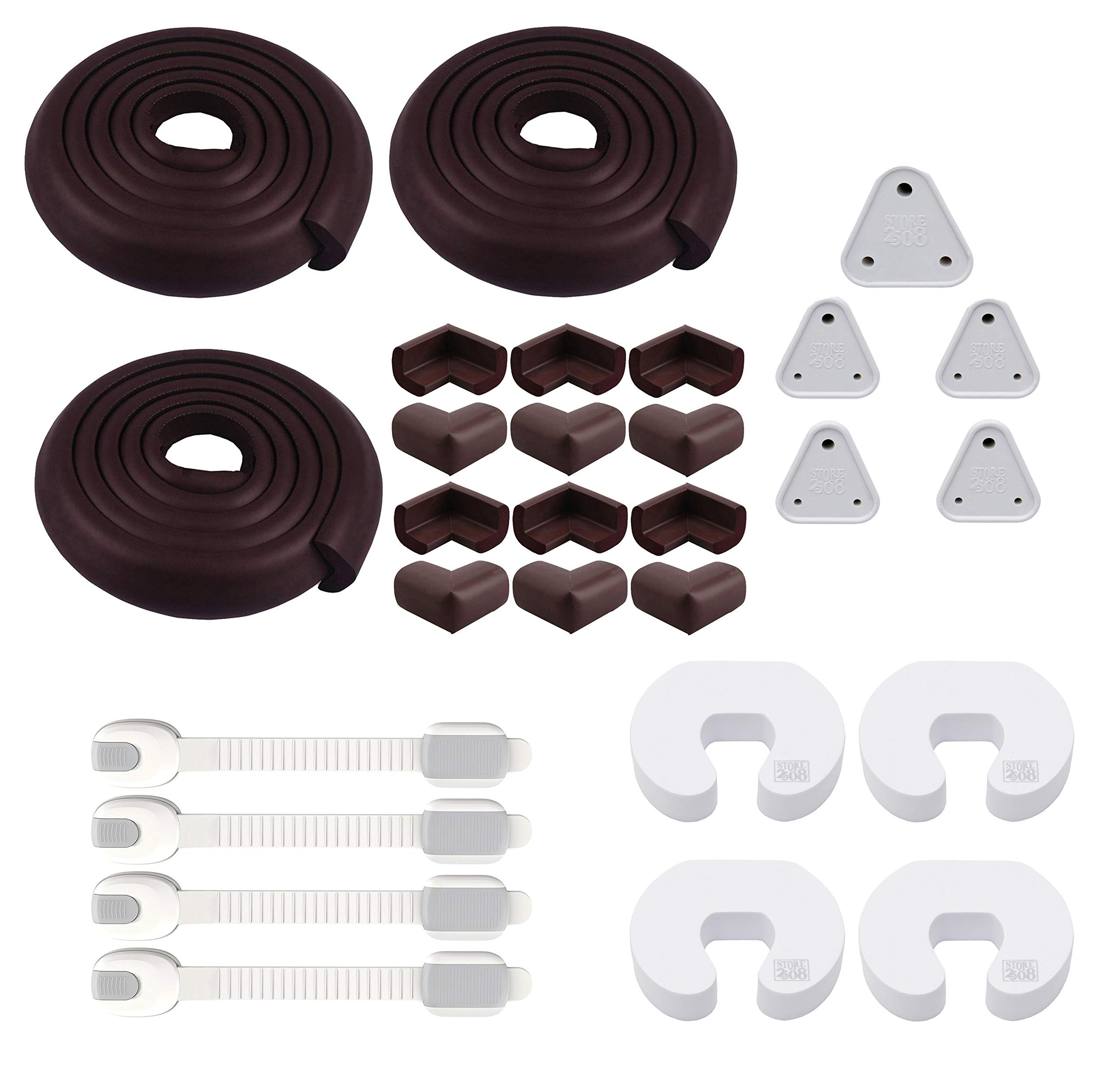 Store2508® Combo Pack of Child Safety Strip Cushion & Corner Guards for Baby Safety Child Proofing with Free Child Safety Lock, Safety Door Stopper & Socket Guard Cover.