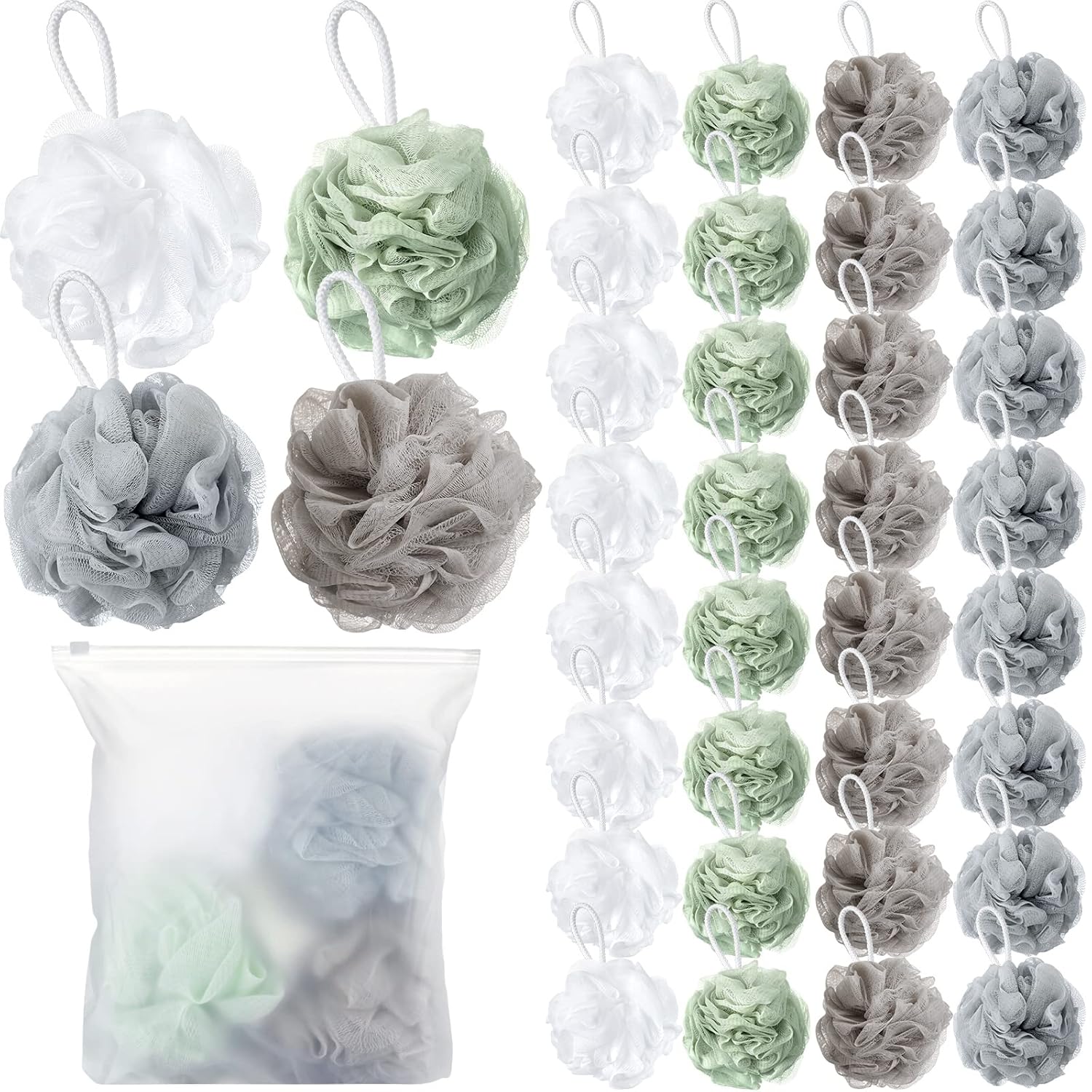 Shellwei 32 Pack Charcoal Bath Sponges - 60g Large Soft Exfoliating Shower Loofahs Mesh Puffs for Men Women Bulk Scrubbers