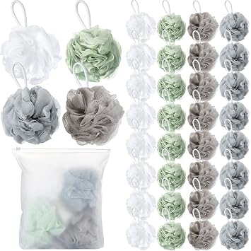 Shellwei 32 Pcs Bath Sponge Shower Loofahs Bulk 60 g Charcoal Large Mesh Puff Soft Scrubber for Men and Women Exfoliating Shower Pouf Balls with Bathing Accessories