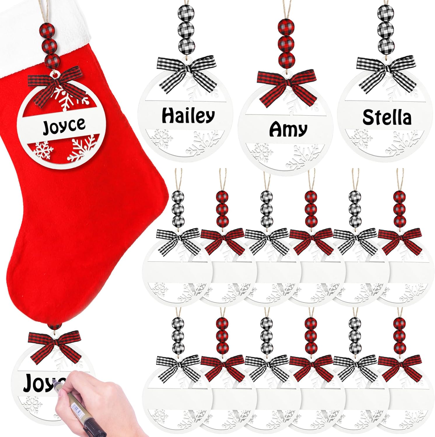 12 Pcs Snowflake Christmas Stocking Name Tags Wooden