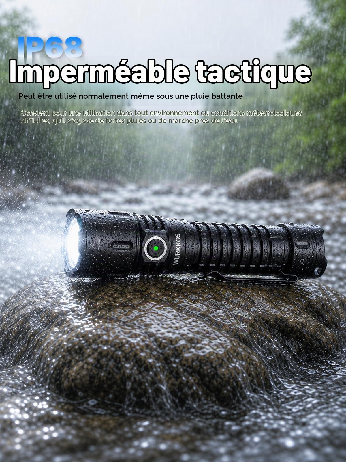 Wurkkos TD04 Tactique Led lampe de poche Rechargeable 5000mAh power, lampe tactique,lampe torche,3000 lumens,Led lampe de poche avec interrupteur tactique noir, IPX8,lampe torche puissante