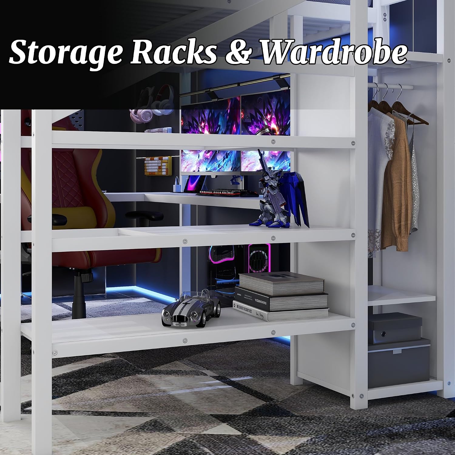 Queen Loft Bed with Desk and Stairs, Metal Queen Loft Bed with Wardrobe and LED Light, Built-in Charging Station, Queen Size Loft Bed for Adults Kids Teens, White