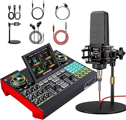 Podcast Equipment Bundle with 3.5mm Microphone and Live Sound Card, Audio Interface Mixer Sound Board, Podcast Microphone Bundle for PC/Phone, Gaming, Recording, Streaming, Singing, Voice Changer