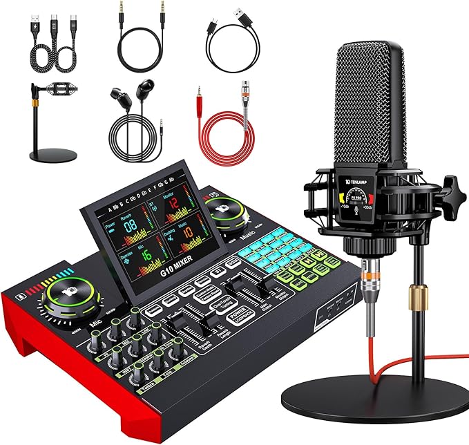 Podcast Equipment Bundle with 3.5mm Microphone and Live Sound Card, Audio Interface Mixer Sound Board, Podcast Microphone Bundle for PC/Phone, Gaming, Recording, Streaming, Singing, Voice Changer