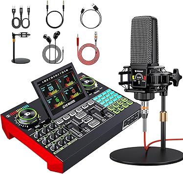 Podcast Equipment Bundle with 3.5mm Microphone and Live Sound Card, Audio Interface Mixer Sound Board, Podcast Microphone Bundle for PC/Phone, Gaming, Recording, Streaming, Singing, Voice Changer