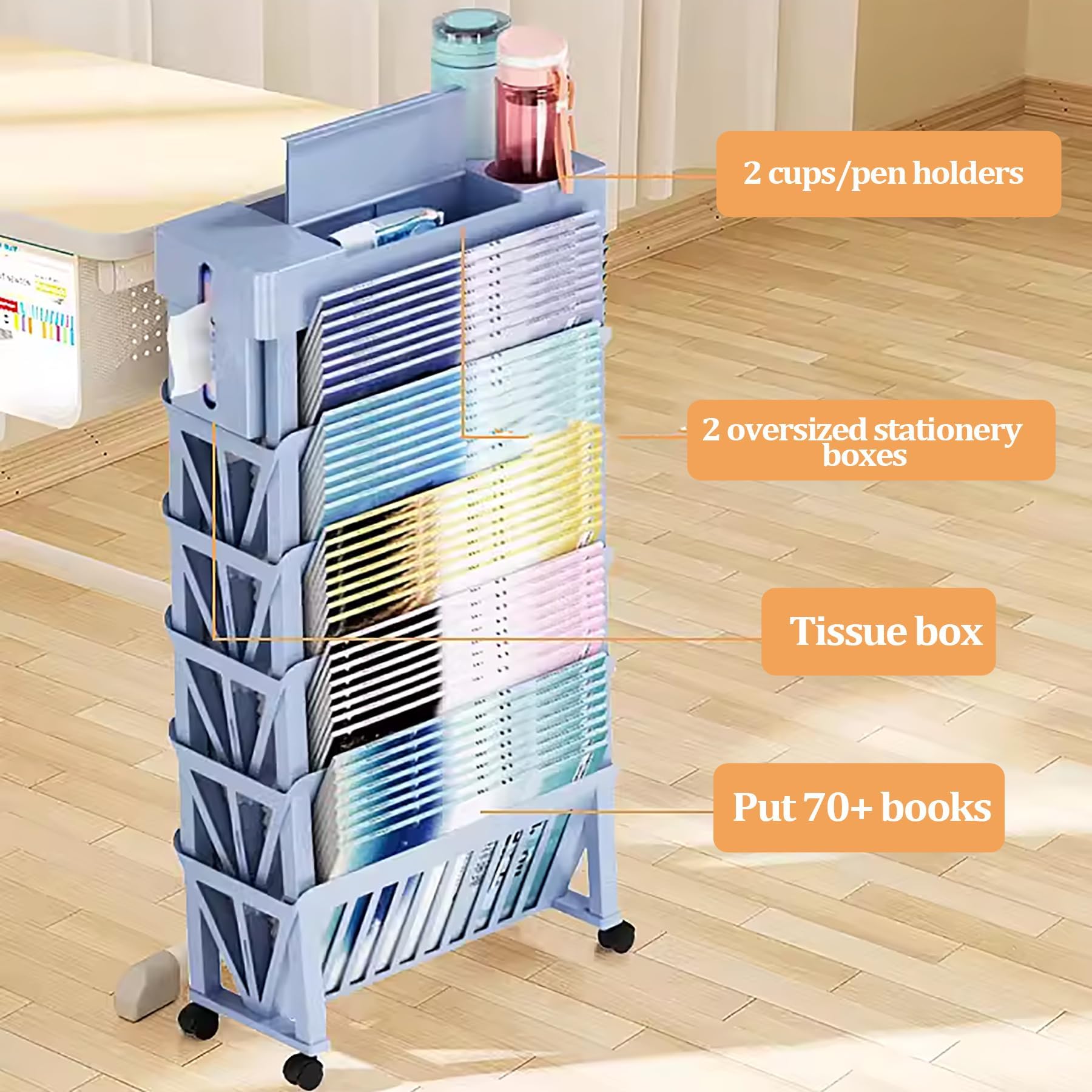 Book cartEstantería móvil con Ruedas Carro para Archivos con Ruedas Carro de Almacenamiento de Utilidad de 5 Niveles para Oficina, Aula, guardería, Biblioteca, Sala de Estar, Azul