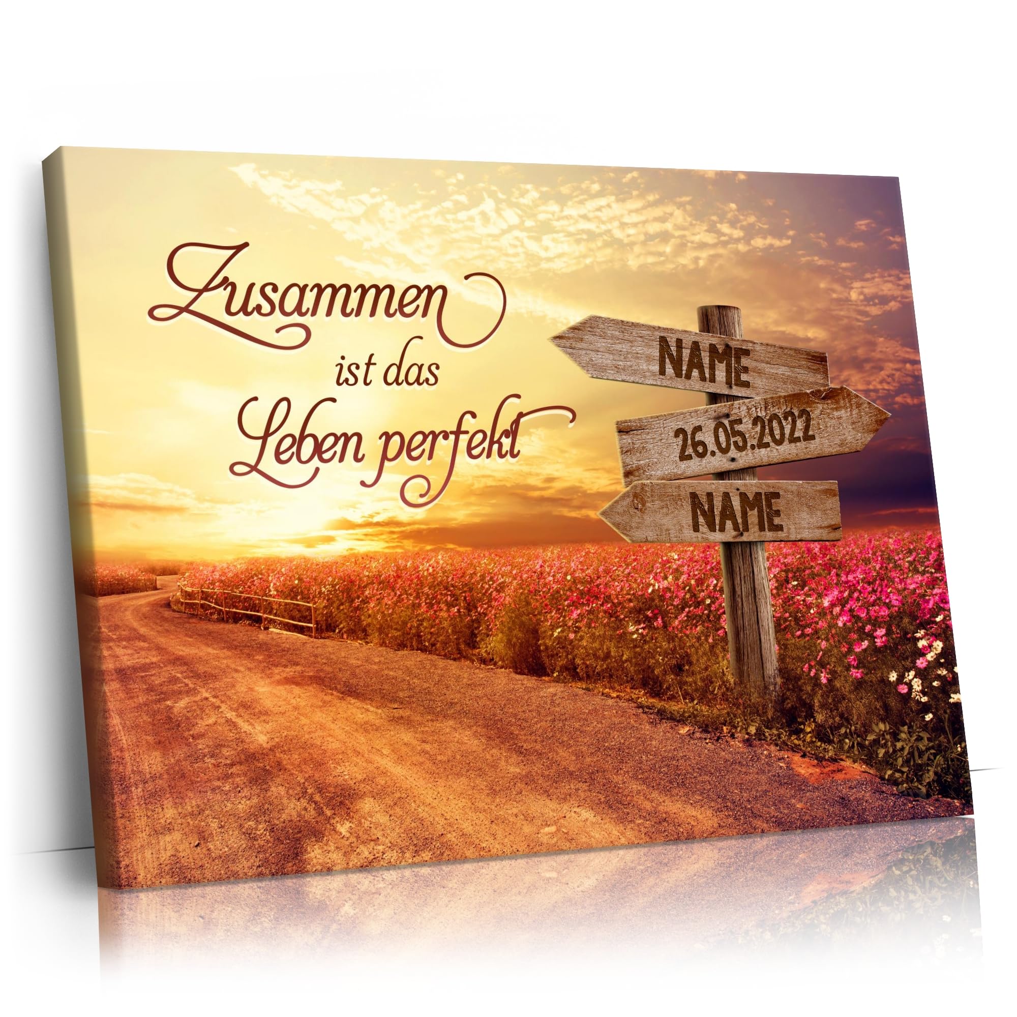 Liebesleinwand Leinwand personalisiert Weg zum Glück | Geschenk für sie oder ihn zum Jahrestag, Verlobung, Hochzeitstag | Leinwandbild gestalten mit Namen und Datum