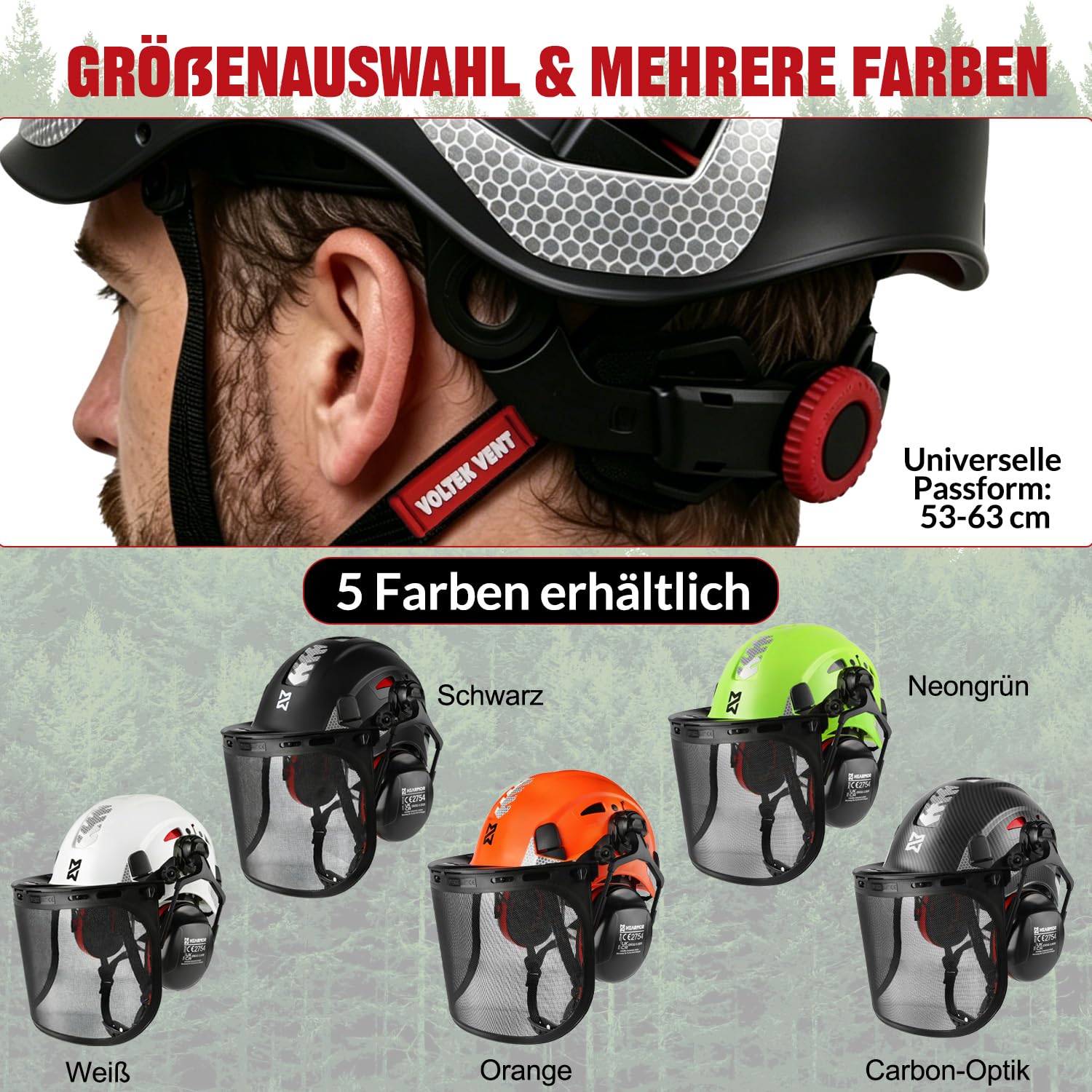 HEARMOR VOLTEK 5-in-1 Forsthelm Schutzhelm-Set mit Helme, Ohrenschutz, Visier, Schweißmütze und Tragetasche, stoßfest und komfortabel belüftet, ABS-Helm für Forstarbeiter, Gärtner und Holzfäller