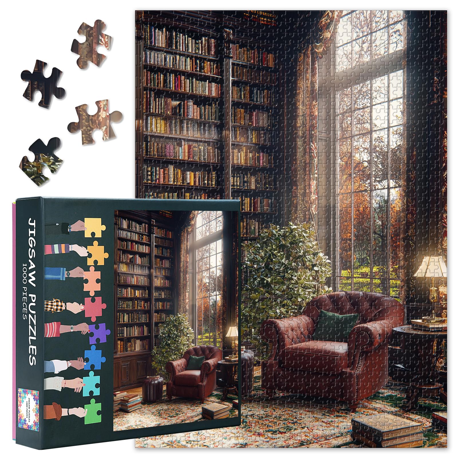 1000-Piece Puzzle – Cozy Reading Nook with Leather Armchair and Large Bookcase Jigsaw Puzzles Perfect Weekend Activity for Solo or Group Play 50x70cm Final Image