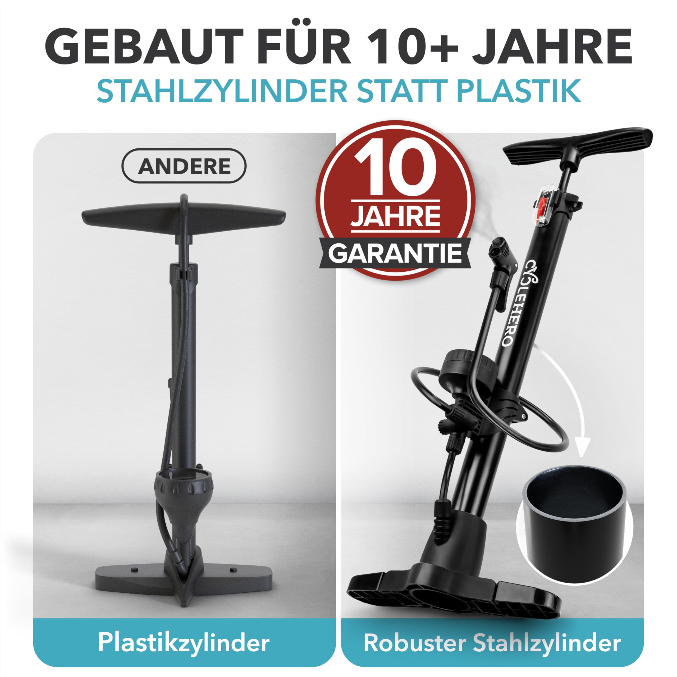 Fahrradpumpe alle Ventile **Test SEHR GUT + 10 Jahre GARANTIE** Leistungsstarke Fahrrad Pumpe Luft – Fahrrad Luftpumpe Französisches Ventil - Luftpumpe Fahrrad Standpumpe mit Manometer Standluftpumpe