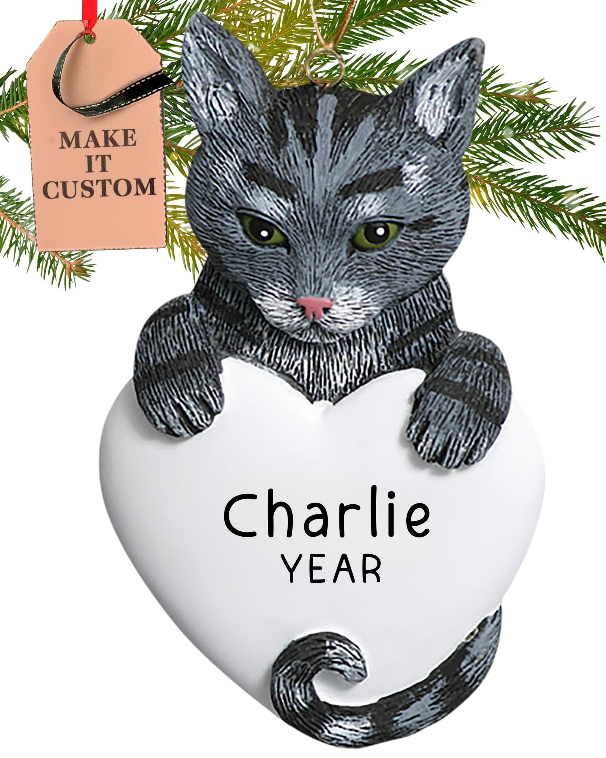 Holiday Traditions Grey Tabby Cat Personalised Cat Ornament 2025 – Fast & Free 24H Customisation – Pet Christmas Ornaments For Tree – Custom Gift Wrapped Grey Tabby With Heart Keepsake For Pet-Owners