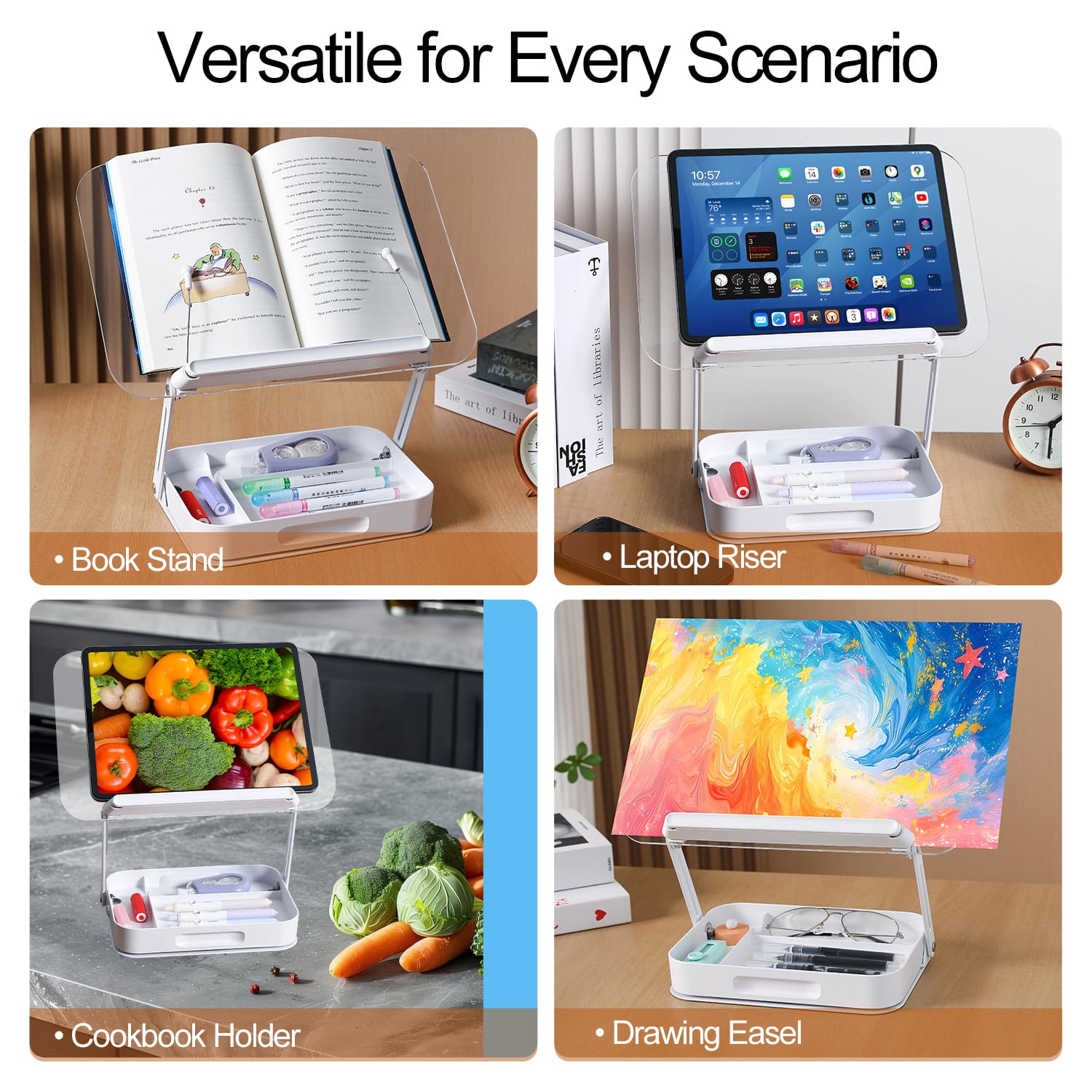 ZOEY Acrylic Book Stand for Reading Adjustable Book Holder with 360 Rotating Base and Storage Foldable Desktop Riser — view 6