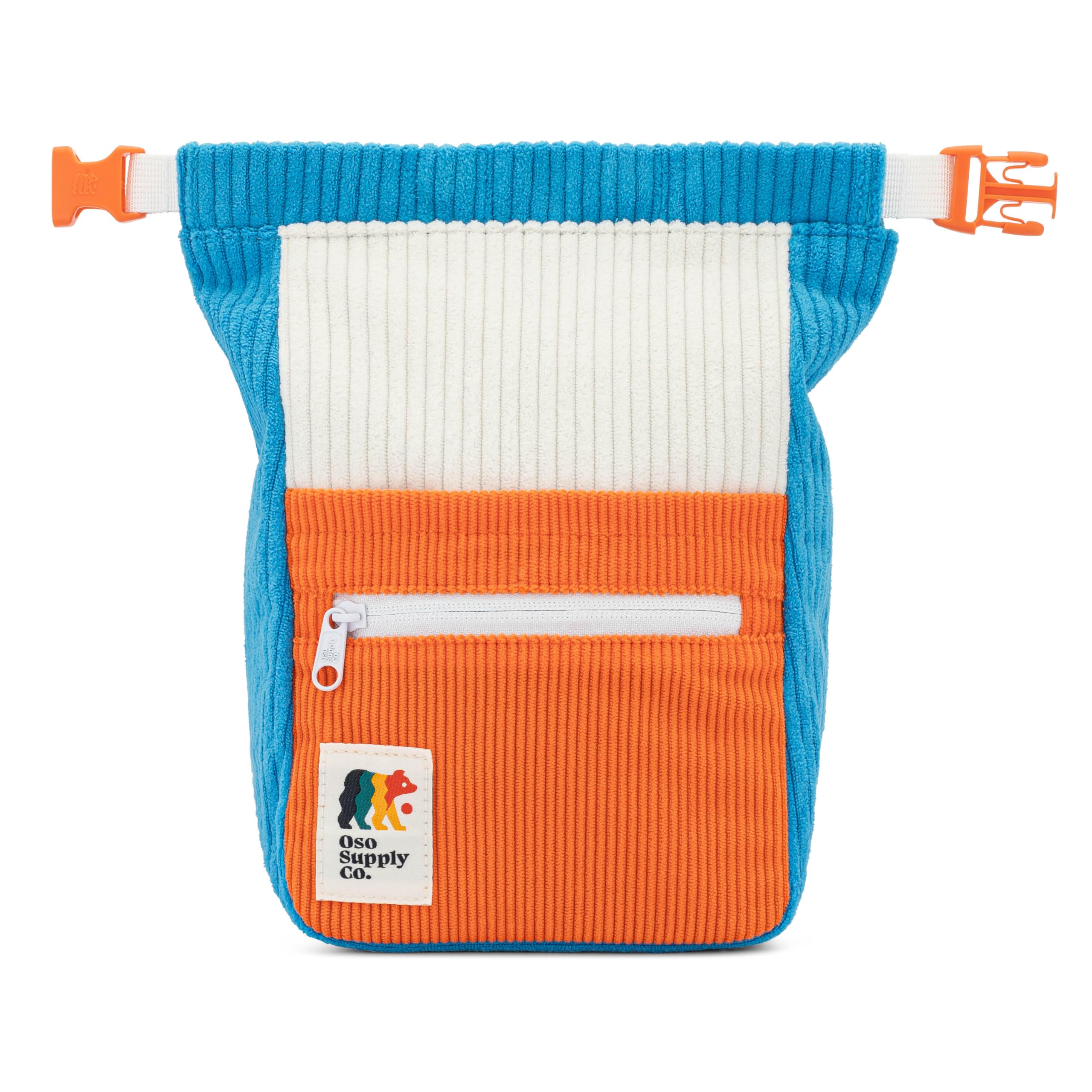 Oso Supply Co - Retro Corduroy Bouldering Bucket, Large Size Freestanding Chalk Bag for Rock Climbing, Magnetic Roll Down Closure, Dual Brush Loops, Zippered Pockets and Pouch (Orange and Blue)