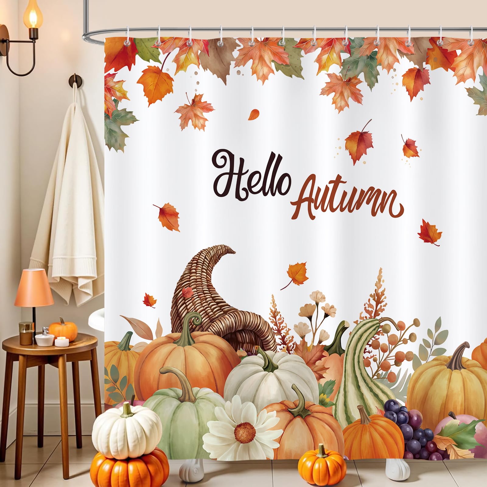 COZZSNUGE Autumn Pumpkin Shower Curtain, Maple Leaves Fruits Fall Thanksgiving Bathroom Curtain 180 x 180 cm, Water Repellent Mildew Resistant Polyester with 12 Hooks