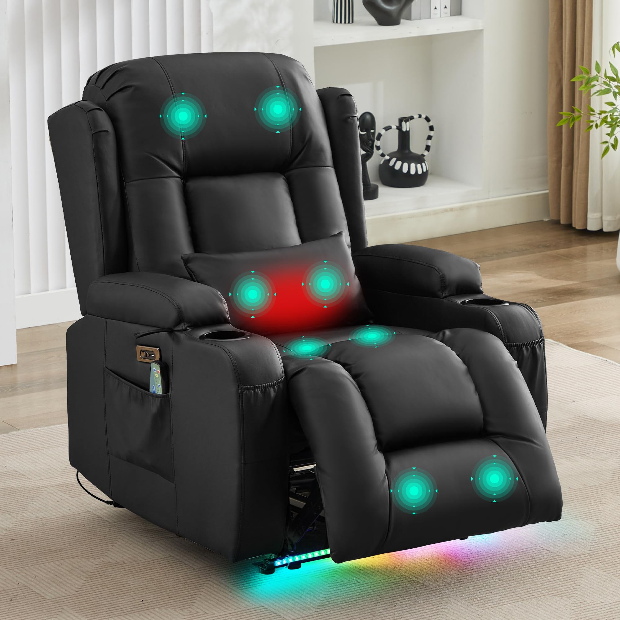 SAMERY Fernsehsessel Elektrisch Verstellbar Relaxsessel mit Liegefunktion,Massagesessel Vibration Heizung,Kunstleder TV Sessel Wohnzimmer Liegesessel Kinosessel 614 mit USB/LED,bis 150 kg (1, Schwarz)
