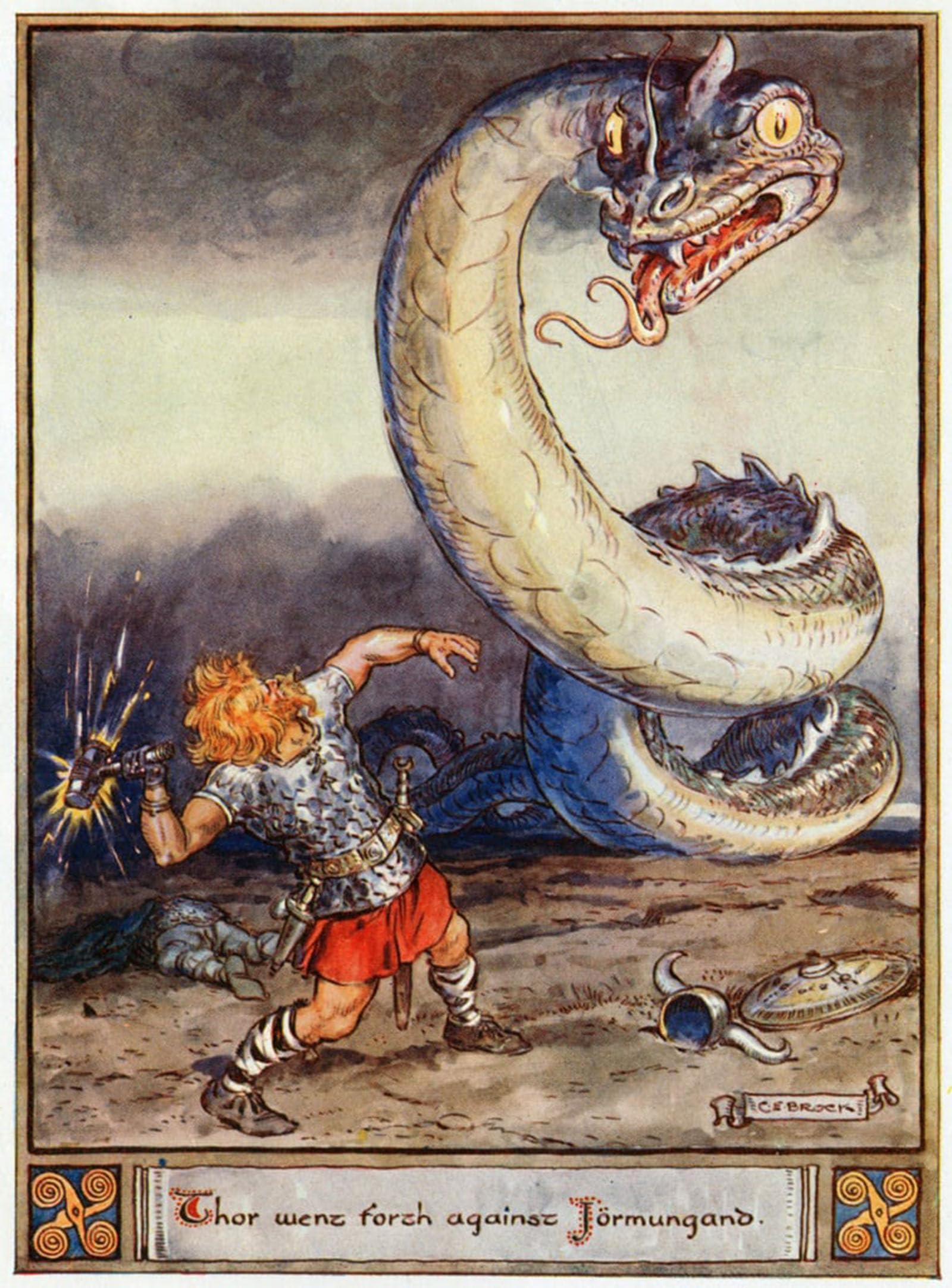 POSTERIIk Vintage Classic Picture Landscape Artwork Thor Went Forth Against Jormungand by Charles Edmund Brock Portrait Canvas Painting for Office Home Decor 60x90cm