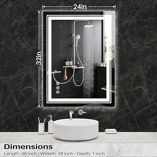 Miniatura 7 de Espejo LED de 32 x 24 pulgadas para baño con luces integradas, espejos de pared iluminados con antiempañamiento, memoria, regulable, 3 colores,