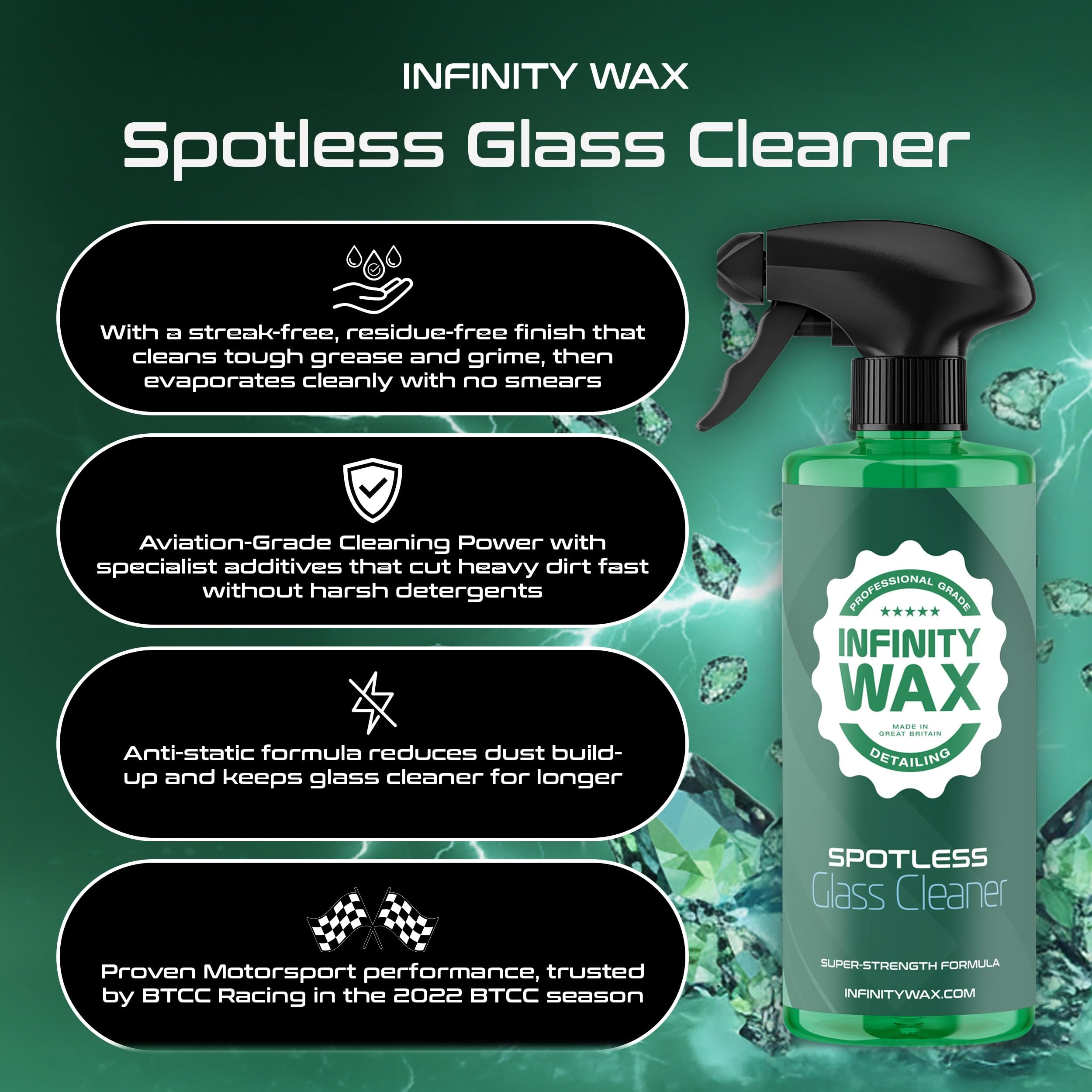 Infinity Wax Streak-Free Glass Cleaner 1L - Limpiador de Cristales de Coche sin Rayas, antiestático, Secado rápido, Elimina Huellas, Grasa y película de vapeo, Interior y Exterior.