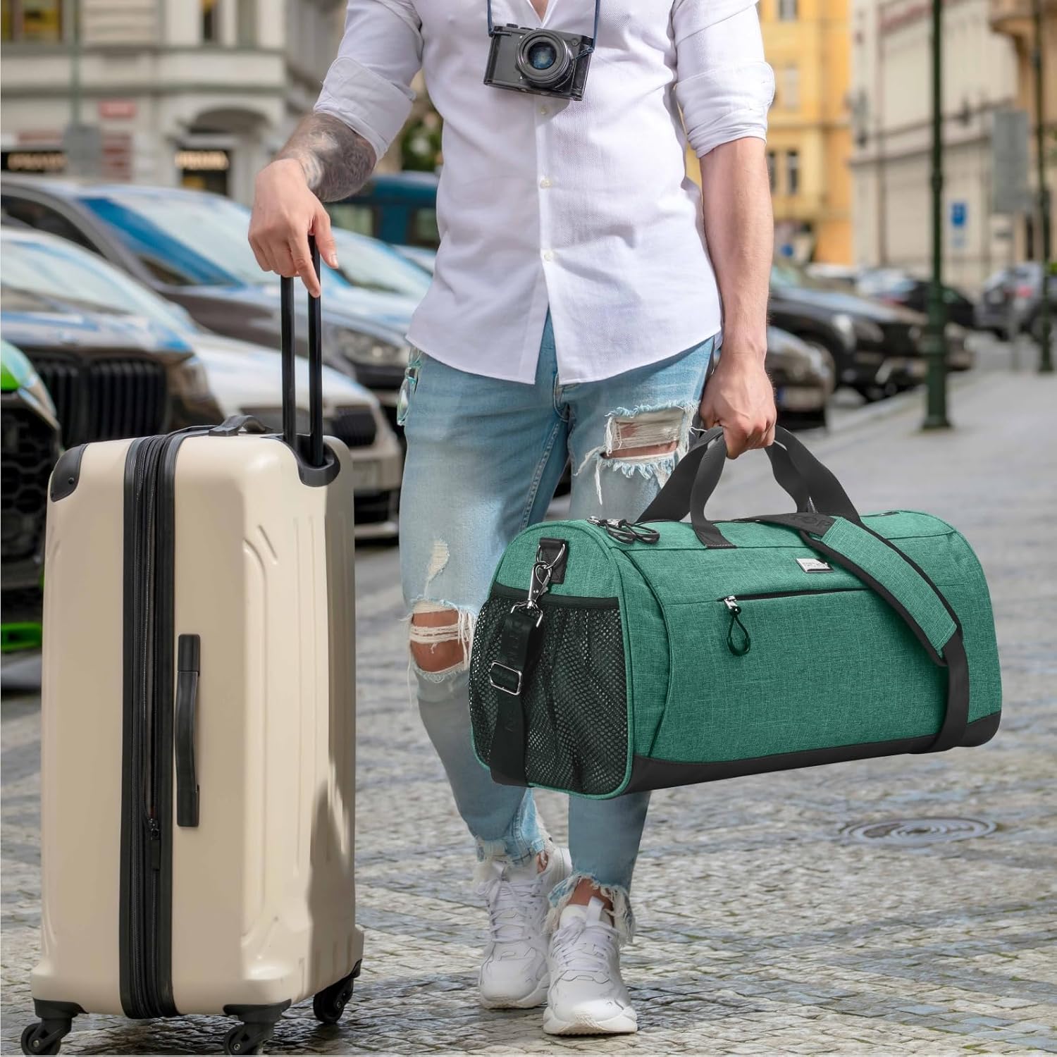 TOPDesign Gym Bag for Women & Men, Unisex Duffel Bag with Shoe Compartment & Wet Pocket for Travel Sports Gym (M Textured Green) - Image 8